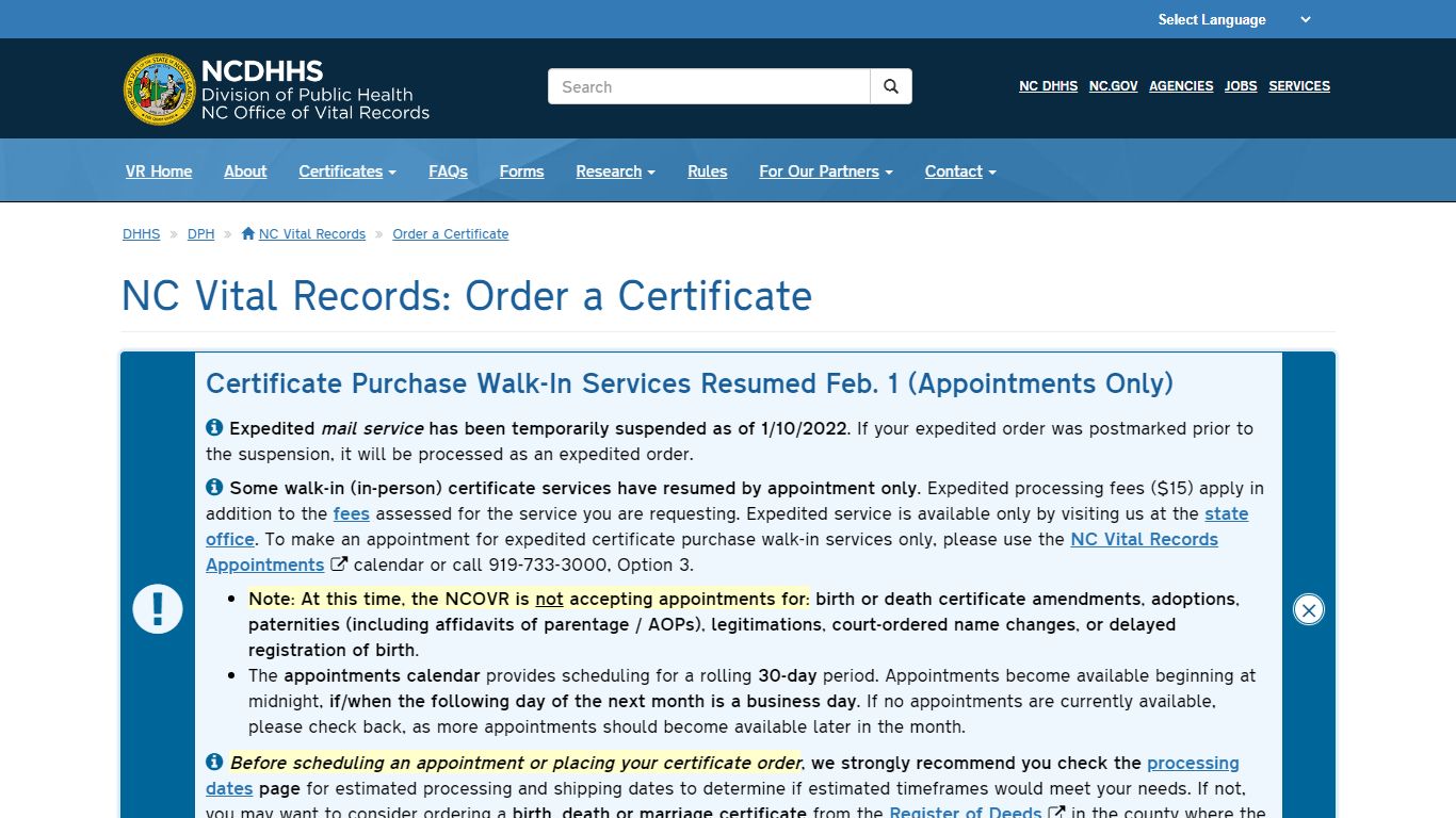 NCDHHS: DPH: NC Vital Records: Order a Certificate